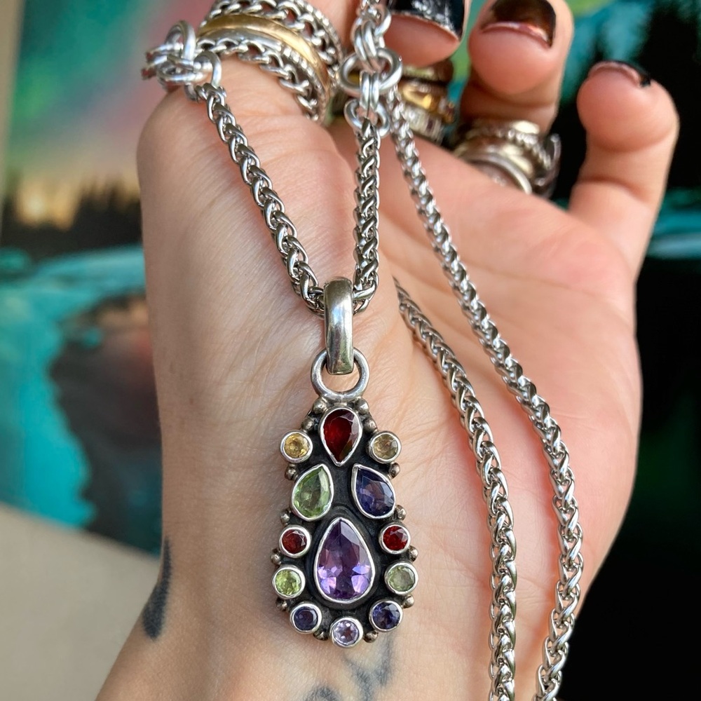925 sterling silver genuine multi gemstone charm stainless steel chain necklace - Picture 6 of 9
